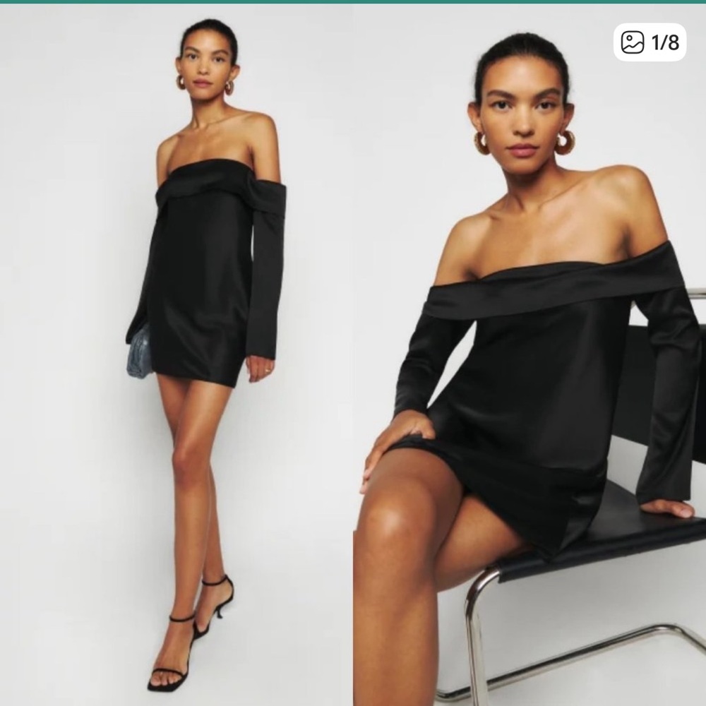 NWT Reformation Maves Satin Mini Dress Sz
M in Black Fold-over Off Shoulder